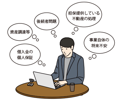 「後継者問題」「事業自体の将来不安」「借入金の個人保証」「担保提供している不動産の処理」「資産調達等」…etc